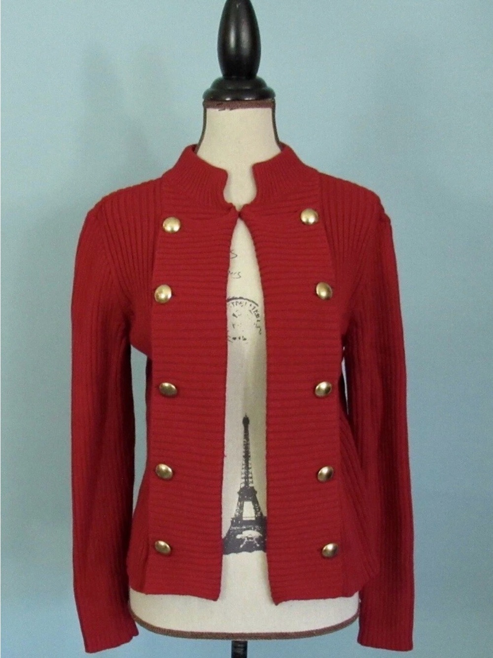 Chaps Red Ribbed Sweater Jacket with Gold-Tone Hardware. Size M